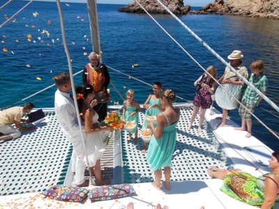 event wedding on the foredeck of the catamaran