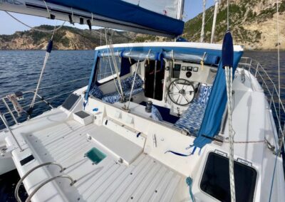 catamaran cockpit on calm water