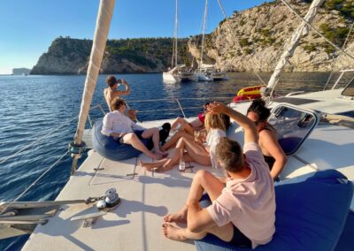 relaxed group on the foredeck of blissy